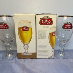 2 New Stella Artois Beer Glasses Belgium Gold Rim Stunning 7.5"H (2012)